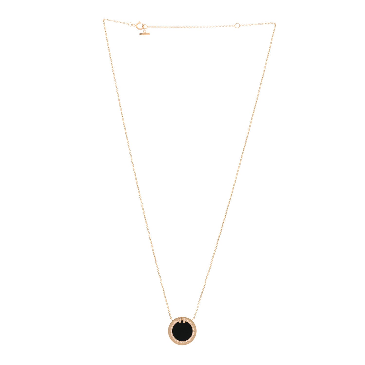 Tiffany 18K Rose Gold Diamond Black Onyx T Circle Pendant Necklace 2 of 3