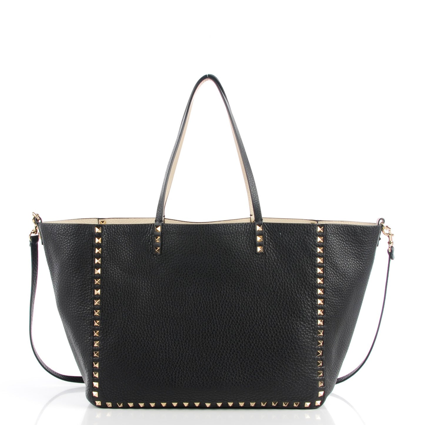 Grained Calfskin Medium Rockstud Reversible Tote Black Ivory