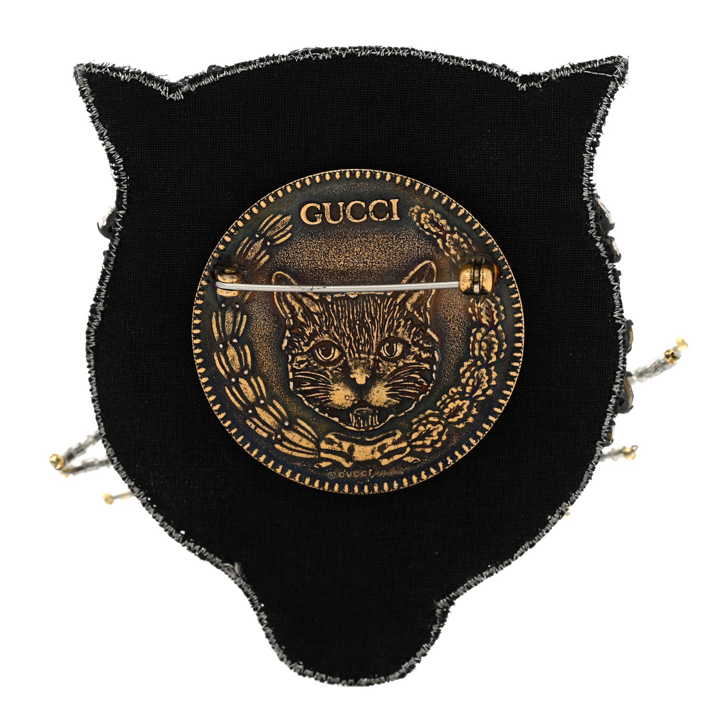 Metal Crystal Bead Feline Head Brooch