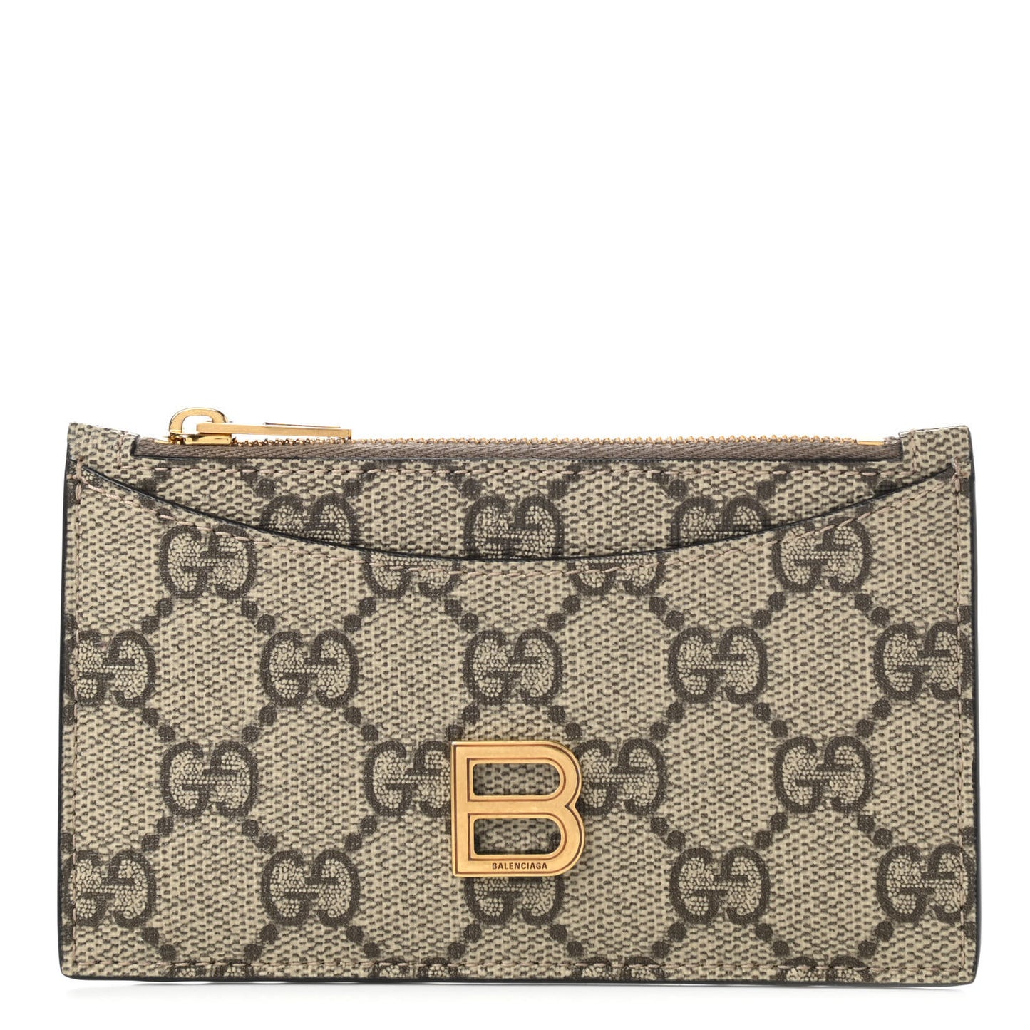 X BALENCIAGA GG Supreme Monogram Zip Card Case Beige Ebony