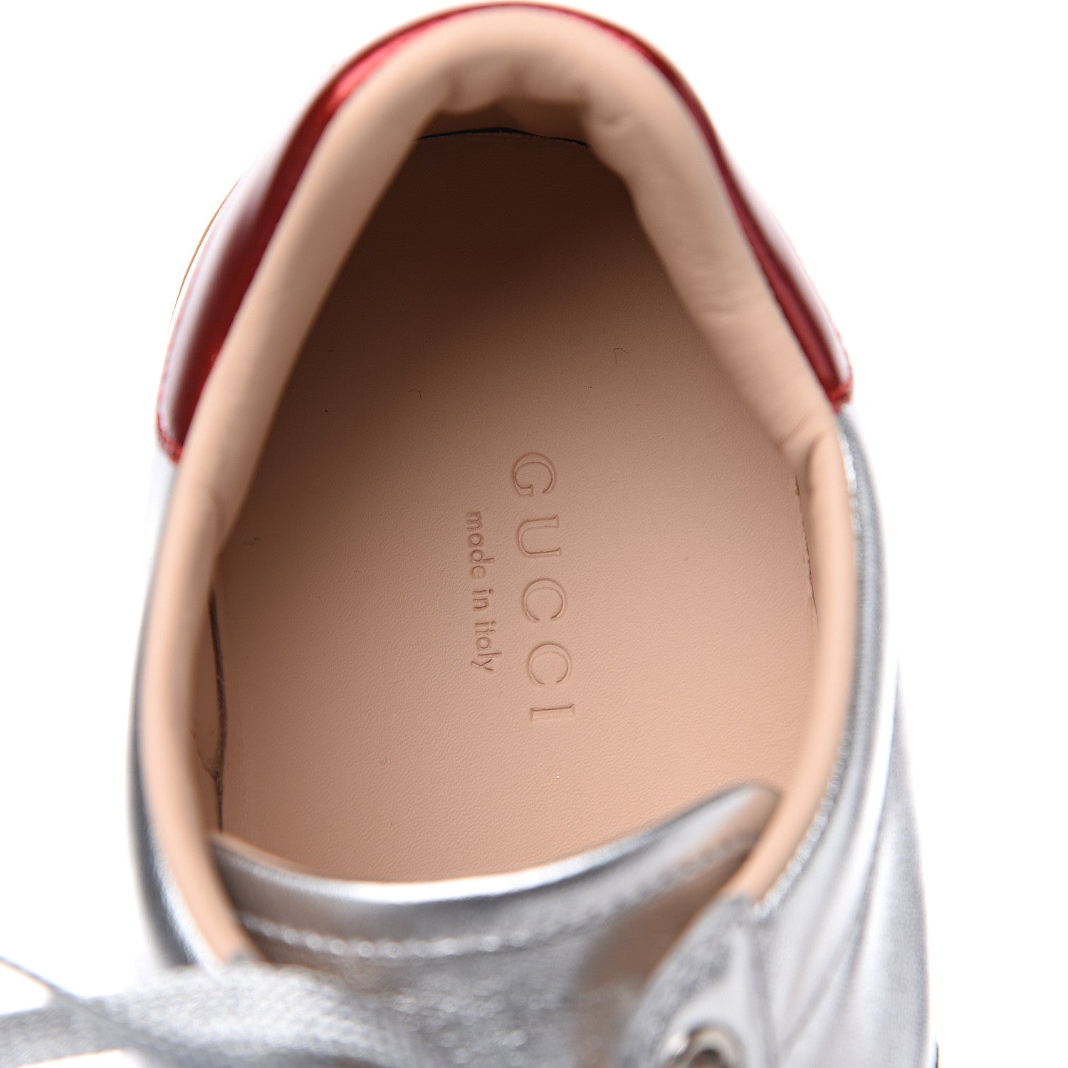 Gucci Metallic Nappa Web Bee Embroidered Womens Ace Platform Sneakers 37.5 Argento Red Flame 7 of 9