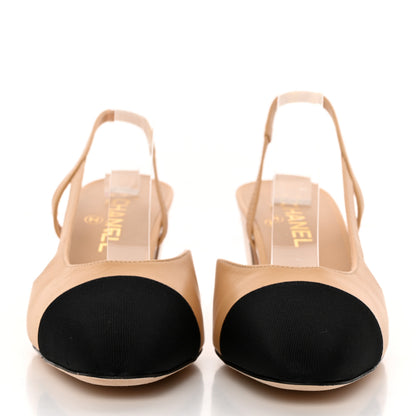 Chanel Goatskin Grosgrain Cap Toe CC Slingback Pumps 40 Beige Black 2 of 14