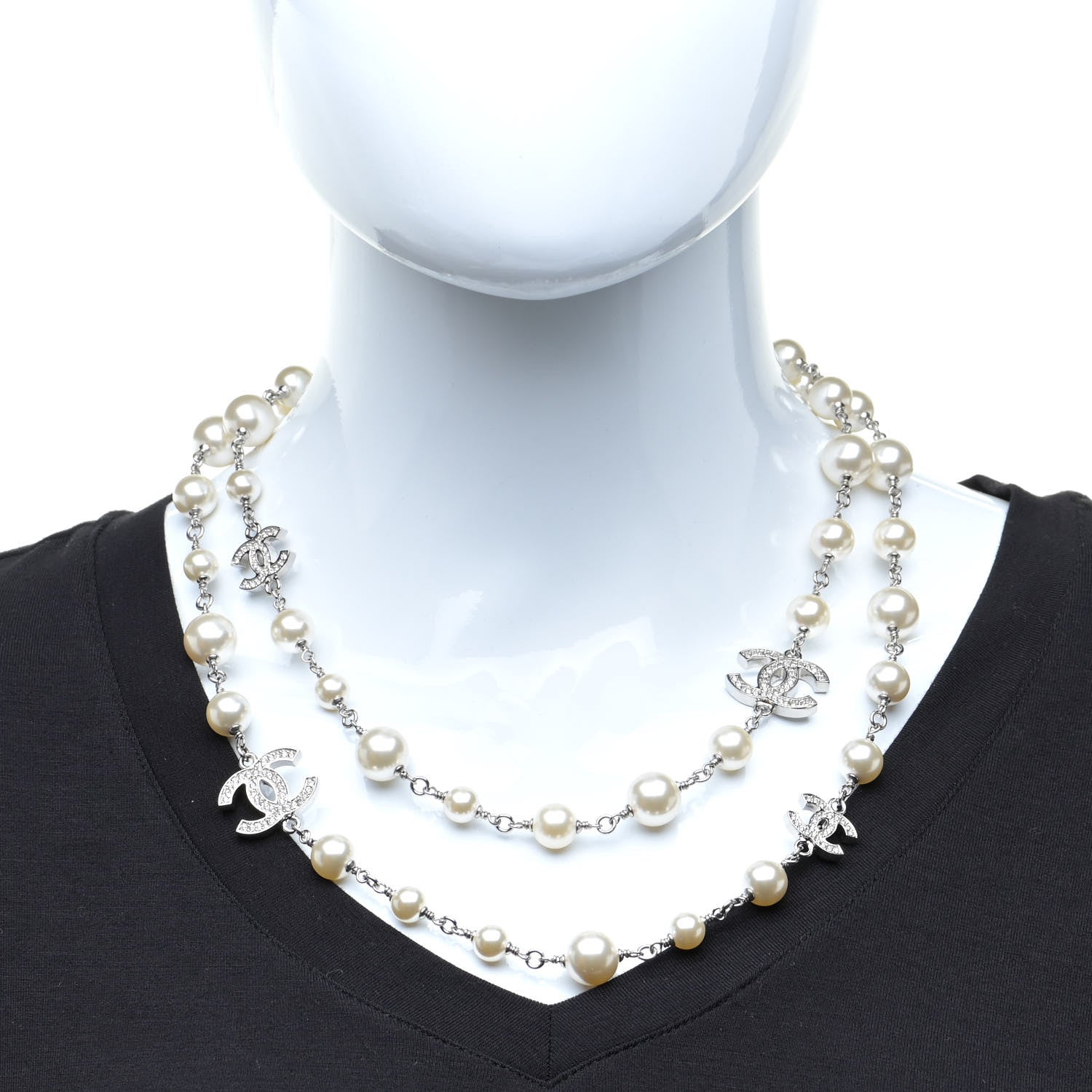 Chanel Crystal Pearl CC Long Necklace Silver 2 of 6