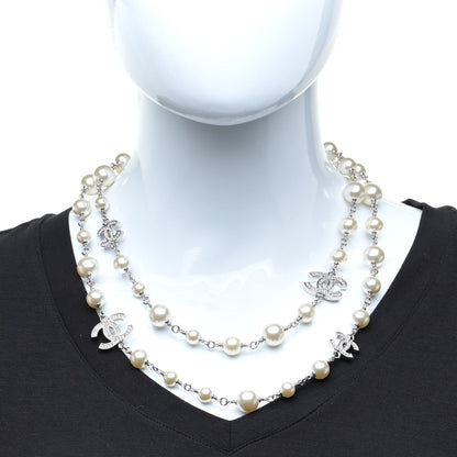 Chanel Crystal Pearl CC Long Necklace Silver 2 of 6