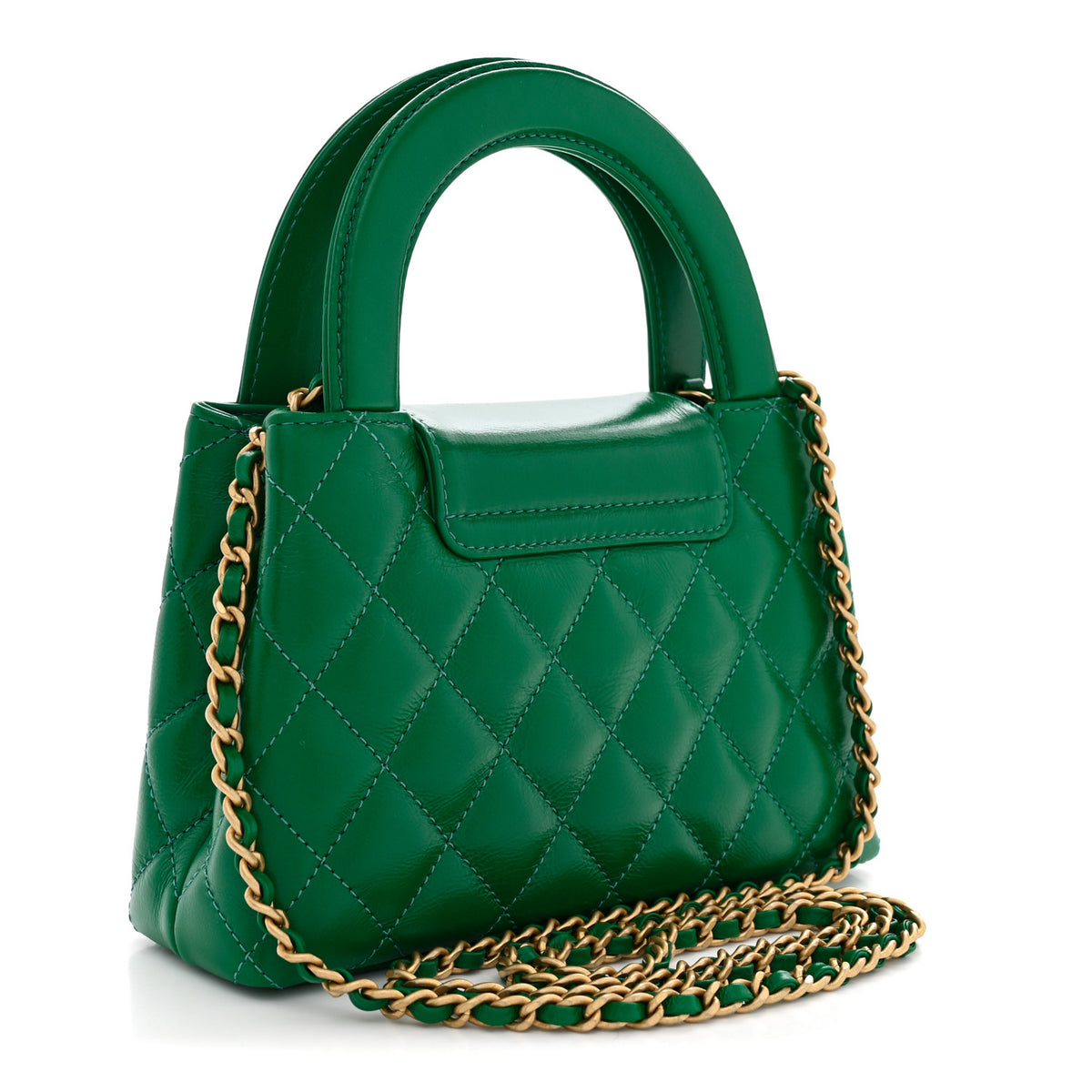 Shiny Aged Calfskin Quilted Nano Kelly Shopper Green