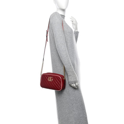 Gucci Azalea Calfskin Enamel Matelasse Diagonal Small Torchon GG Marmont Chain Shoulder Bag New Cherry Red Wild Rose 3 of 12