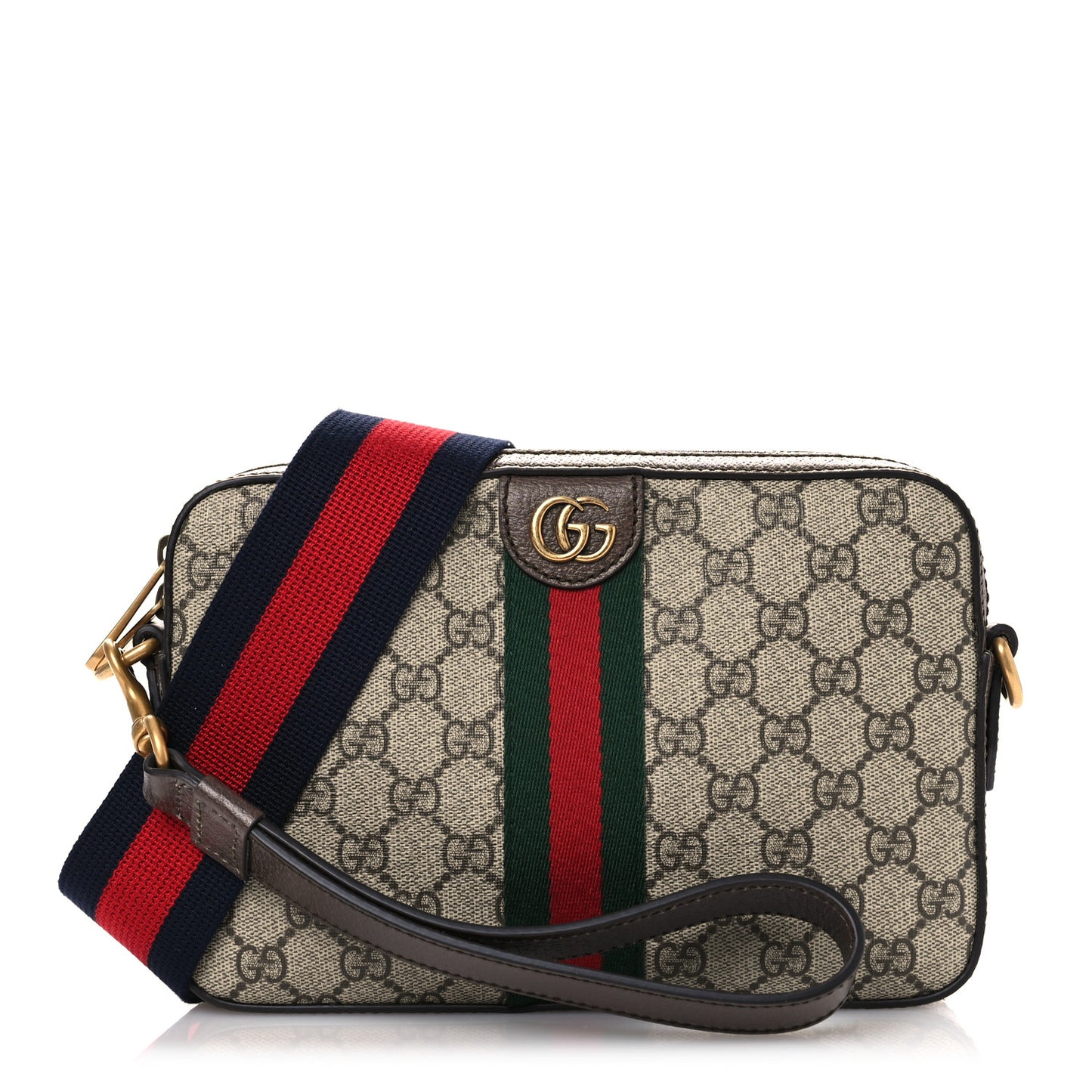 GG Supreme Monogram Textured Dollar Calfskin Web Ophidia Wristlet Shoulder Bag Beige Ebony New Acero