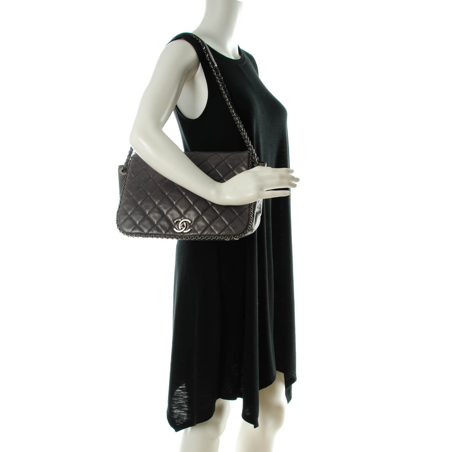 Calfskin Quilted Large CC Enchained Accordion Flap Grey
