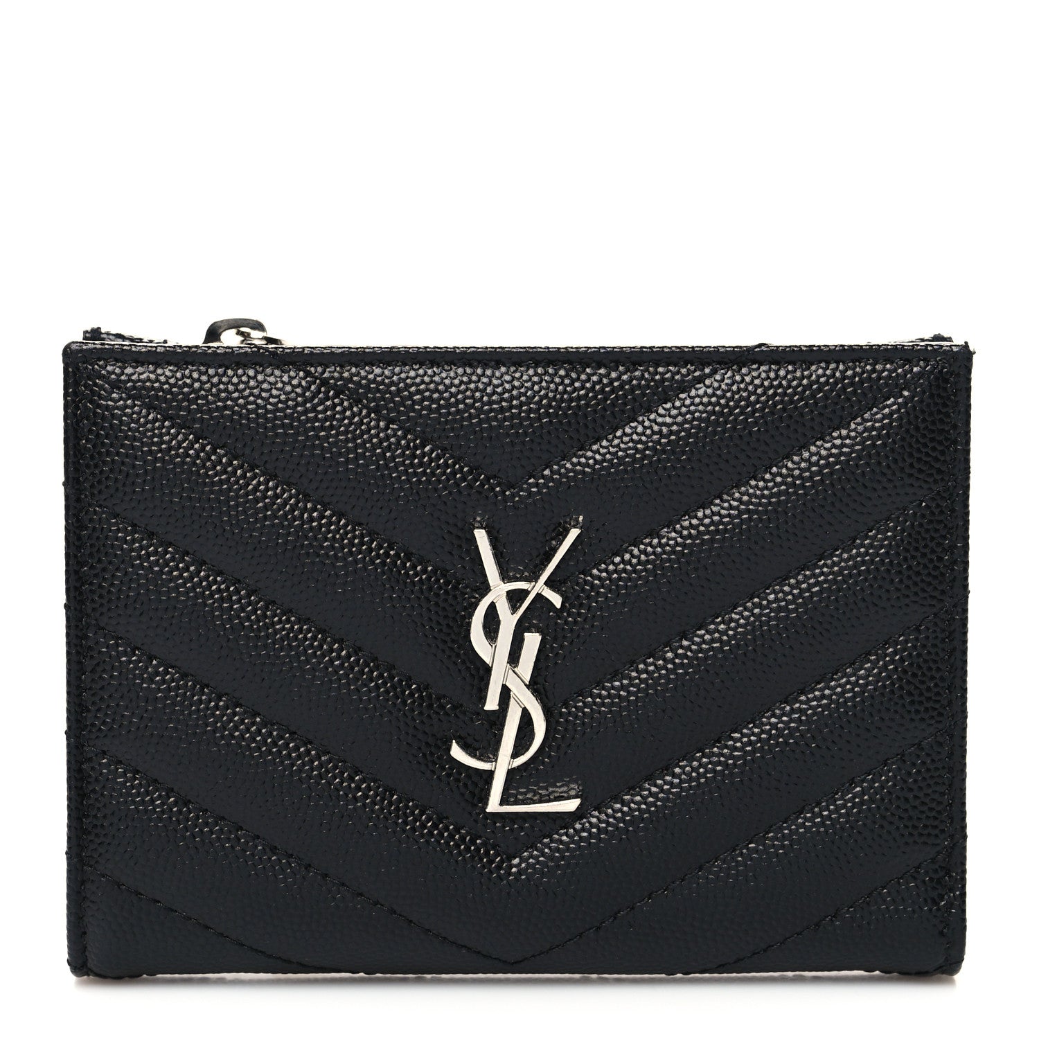 Saint Laurent Grain De Poudre Matelasse Chevron Monogram Zipped Two-Part Wallet Black 1 of 9