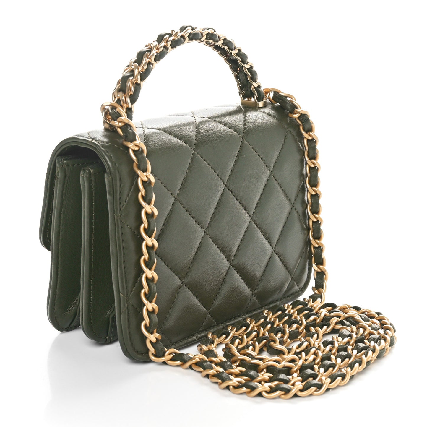 Lambskin Quilted Chain Top Handle Clutch With Chain Khaki