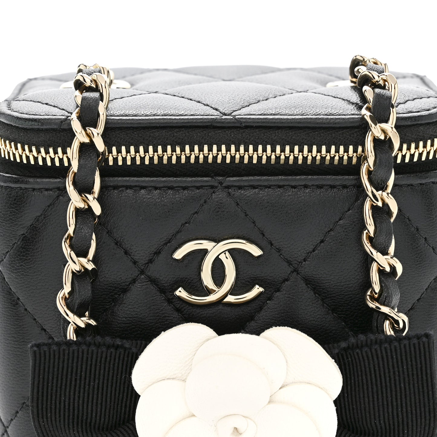 Lambskin Quilted Mini Camellia Bow Vanity Case With Chain Black