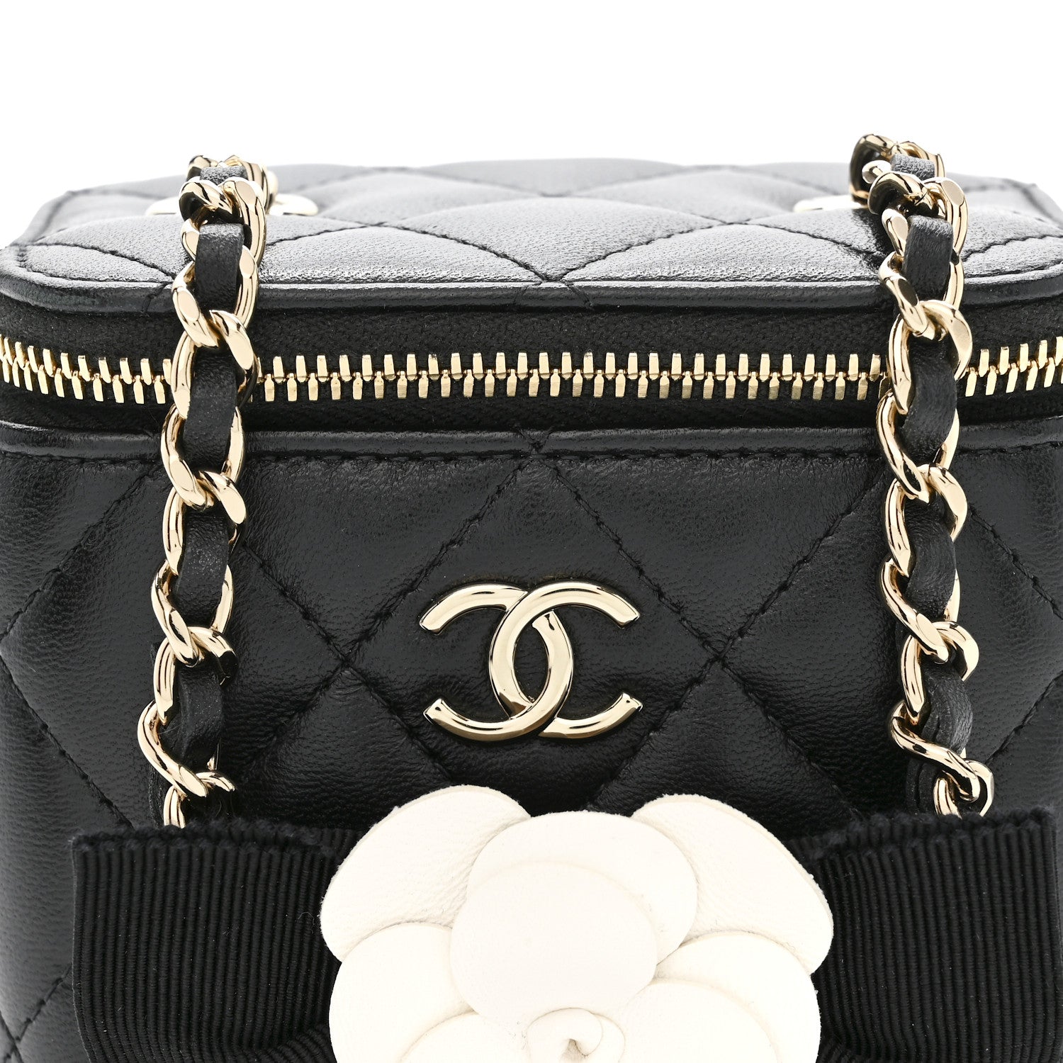 Chanel Lambskin Quilted Mini Camellia Bow Vanity Case With Chain Black 8 of 10