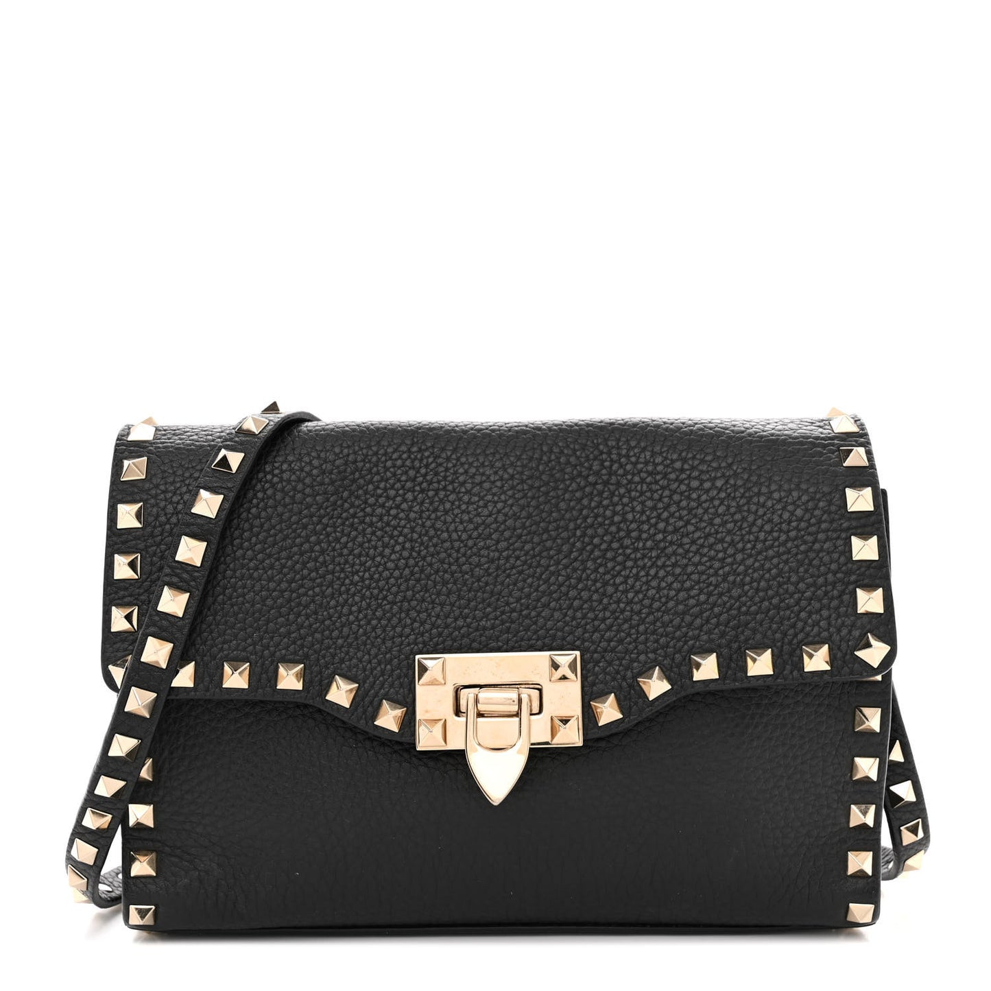 Pebbled Calfskin Medium Rockstud Flip Lock Crossbody Bag Black