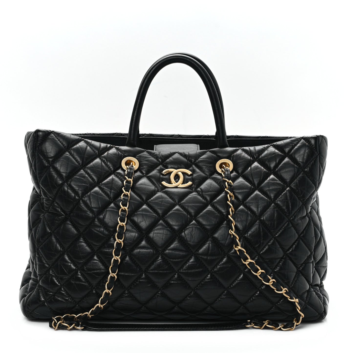 Aged Calfskin Quilted Large Coco Handle Shopping Tote Black
