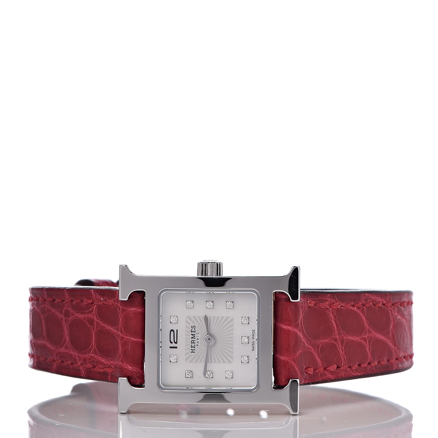 Hermes Stainless Steel Alligator Diamond Mother of Pearl 17.2mm Heure H Hour Quartz Watch Braise 3 of 11