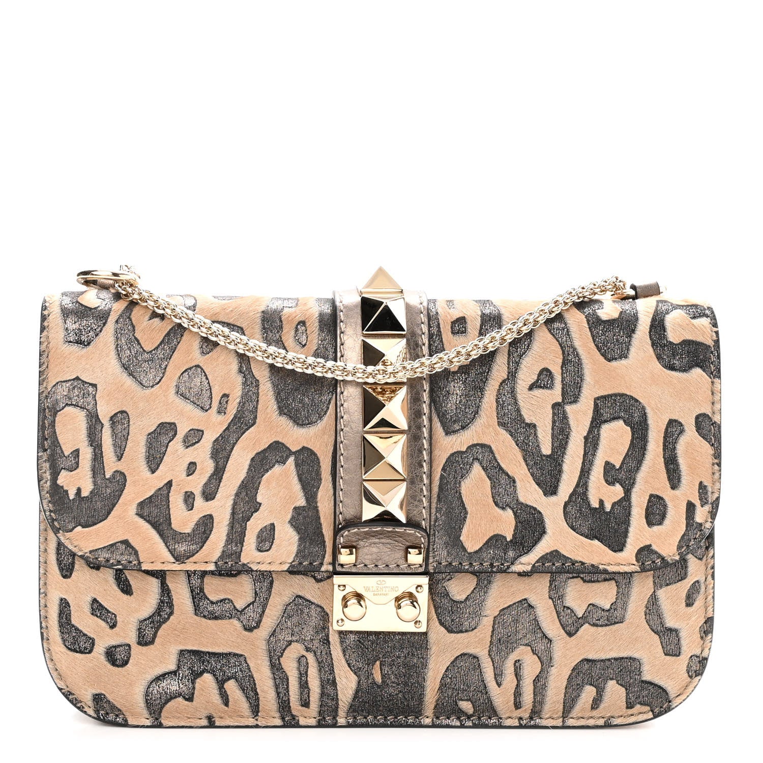 Valentino Garavani Calf Hair Leopard Print Medium Glam Lock Rockstud Flap Blush 1 of 8