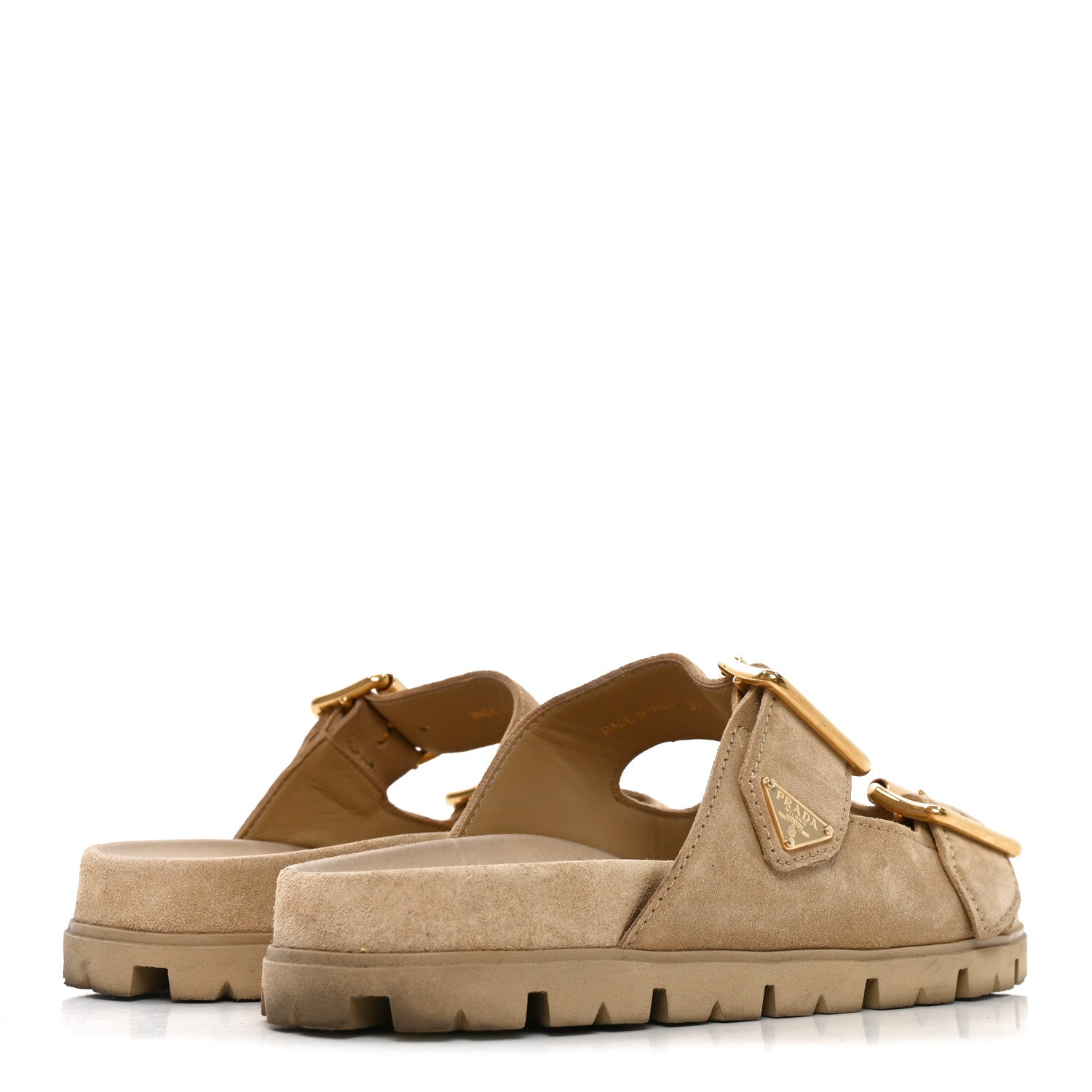 Prada Suede Metal Triangle Logo Womens Double Buckle 20mm Slide Sandals 39 Ecru 4 of 9