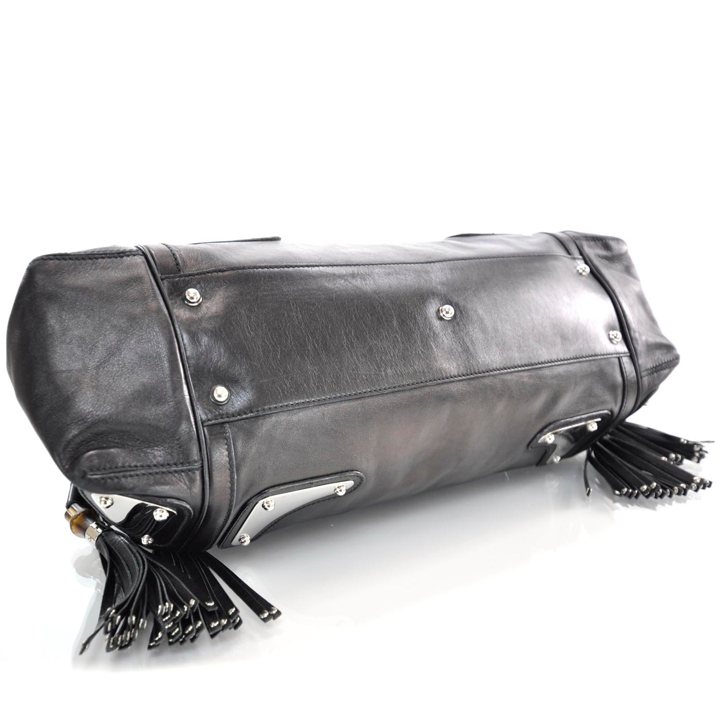 Leather Bamboo Tassel Race Tote Black