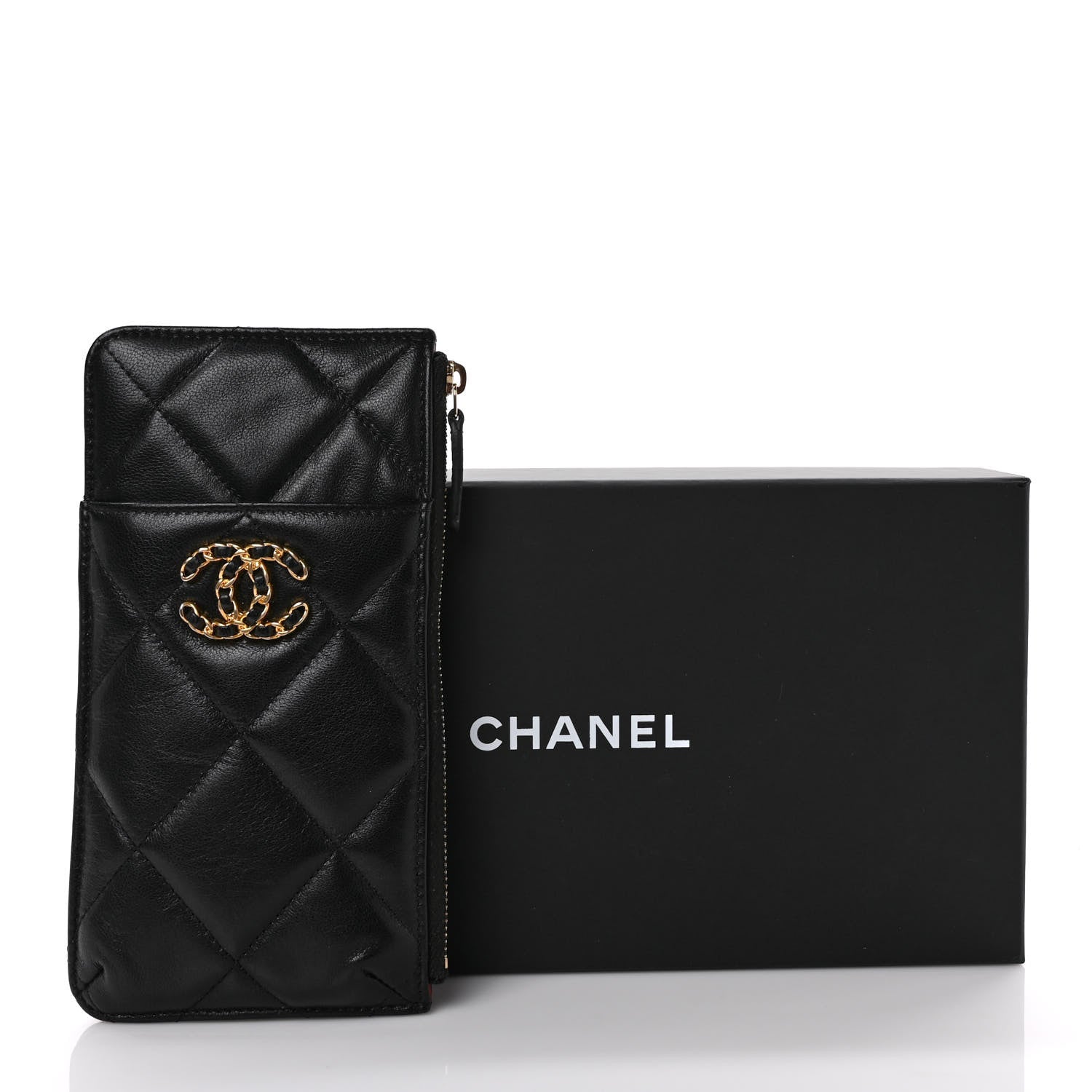 Chanel Goatskin Quilted Chanel 19 Flat Wallet Pouch Black 9 of 9
