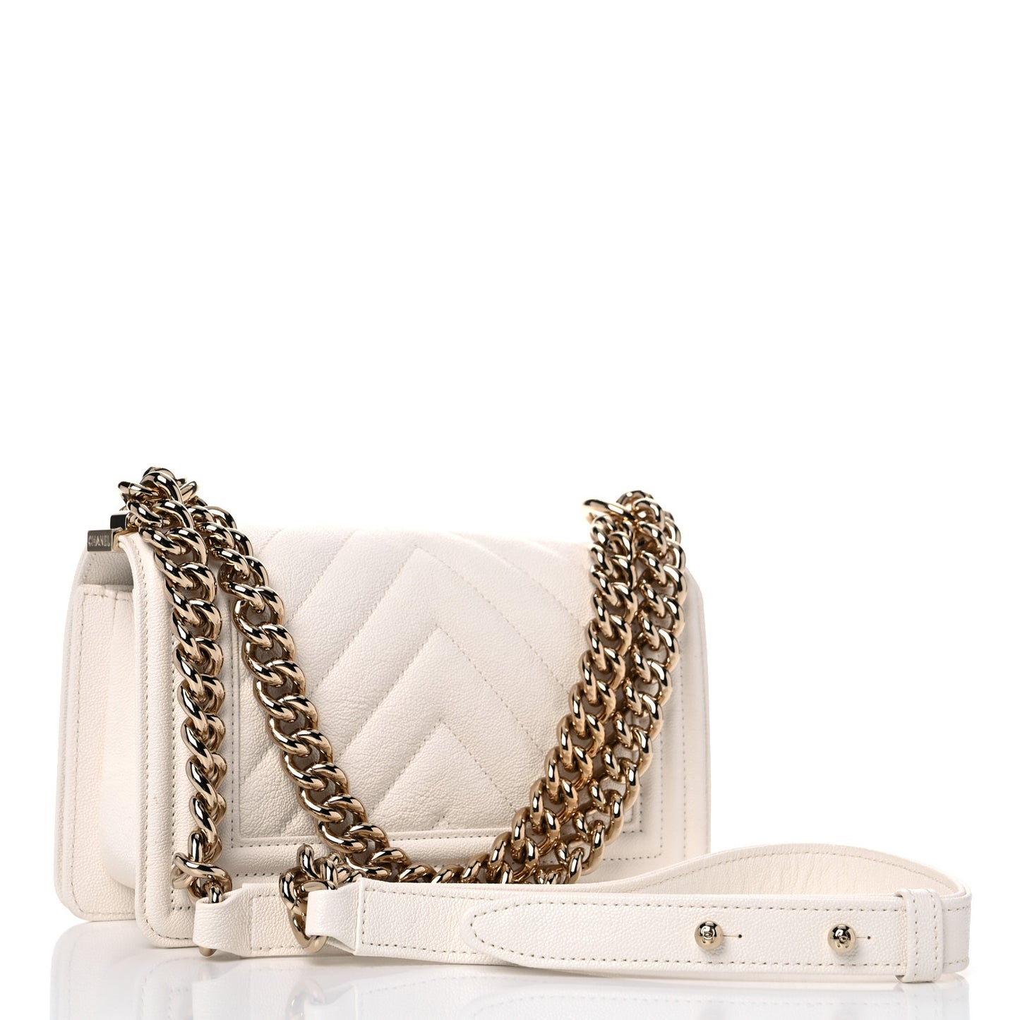 Caviar Chevron Quilted Small Boy Flap White