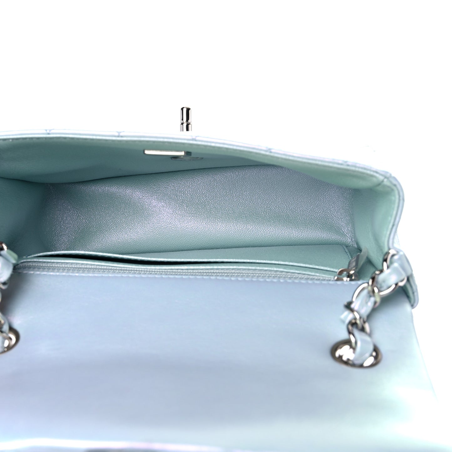 Iridescent Calfskin Quilted Mini Rectangular Flap Light Blue