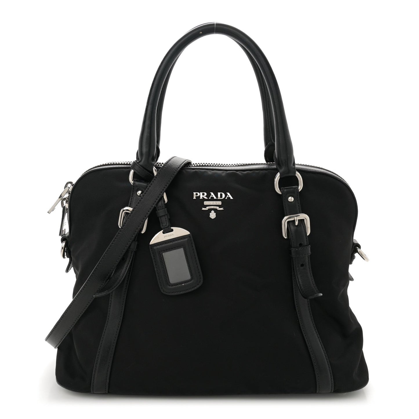 Tessuto Nylon Calfskin Dome Satchel Black