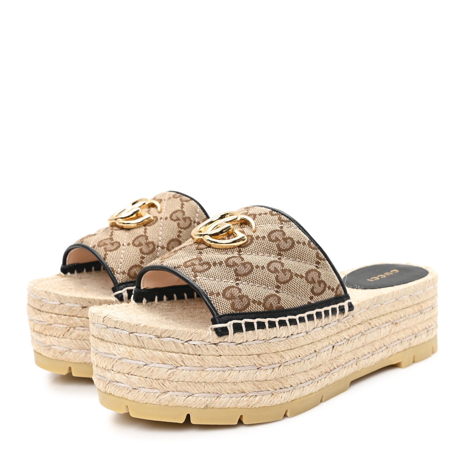 Gucci Monogram Matelasse Diagonal GG Marmont Platform Espadrille Slide Sandals 36 Beige Ebony Black 4 of 10