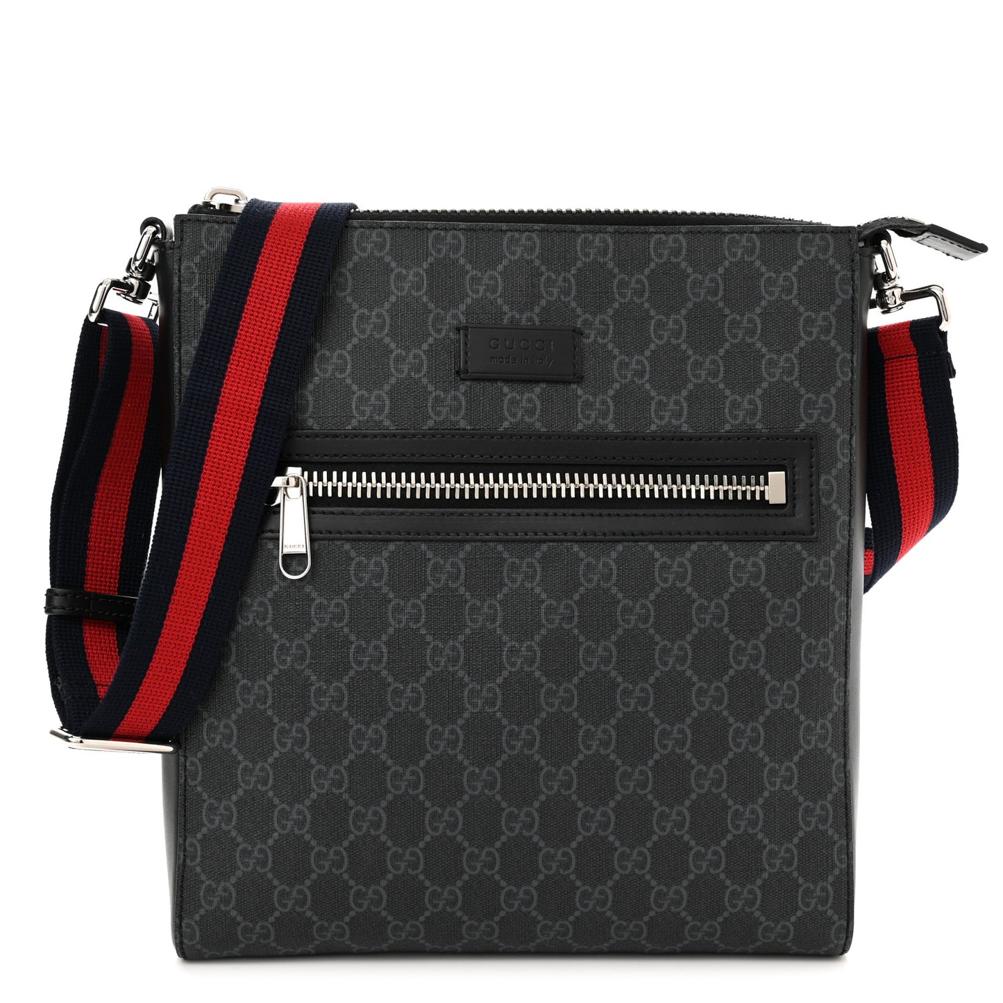 GG Supreme Monogram Appia Calfskin Web Flat Messenger Bag Black Grey