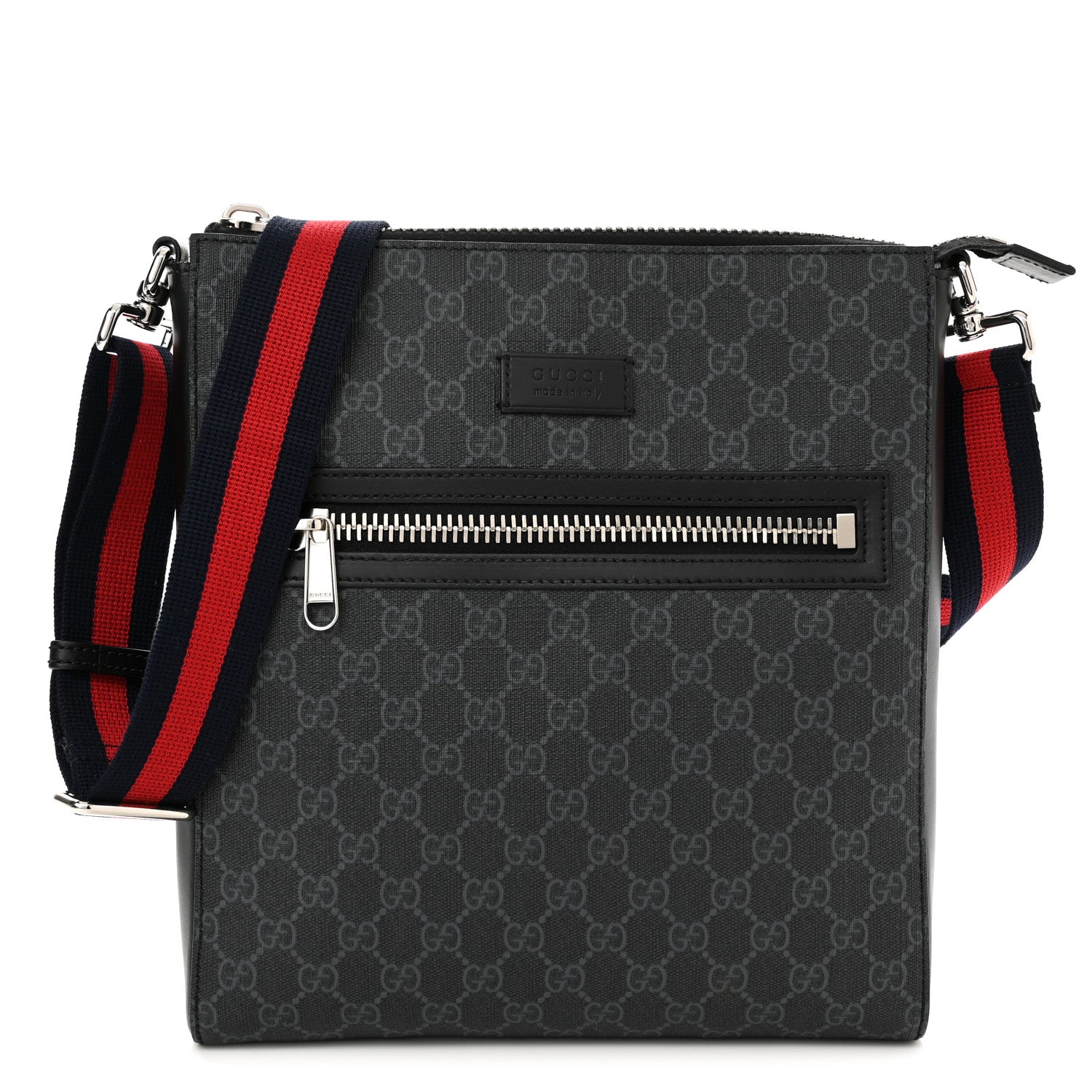 Gucci GG Supreme Monogram Appia Calfskin Web Flat Messenger Bag Black Grey 1 of 10
