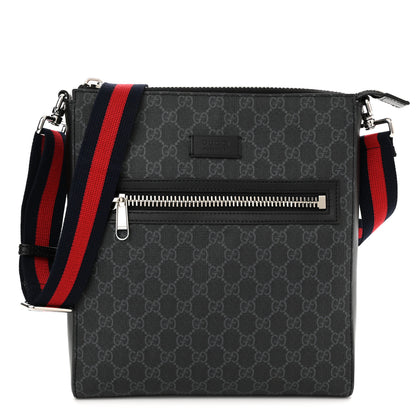 Gucci GG Supreme Monogram Appia Calfskin Web Flat Messenger Bag Black Grey 1 of 10