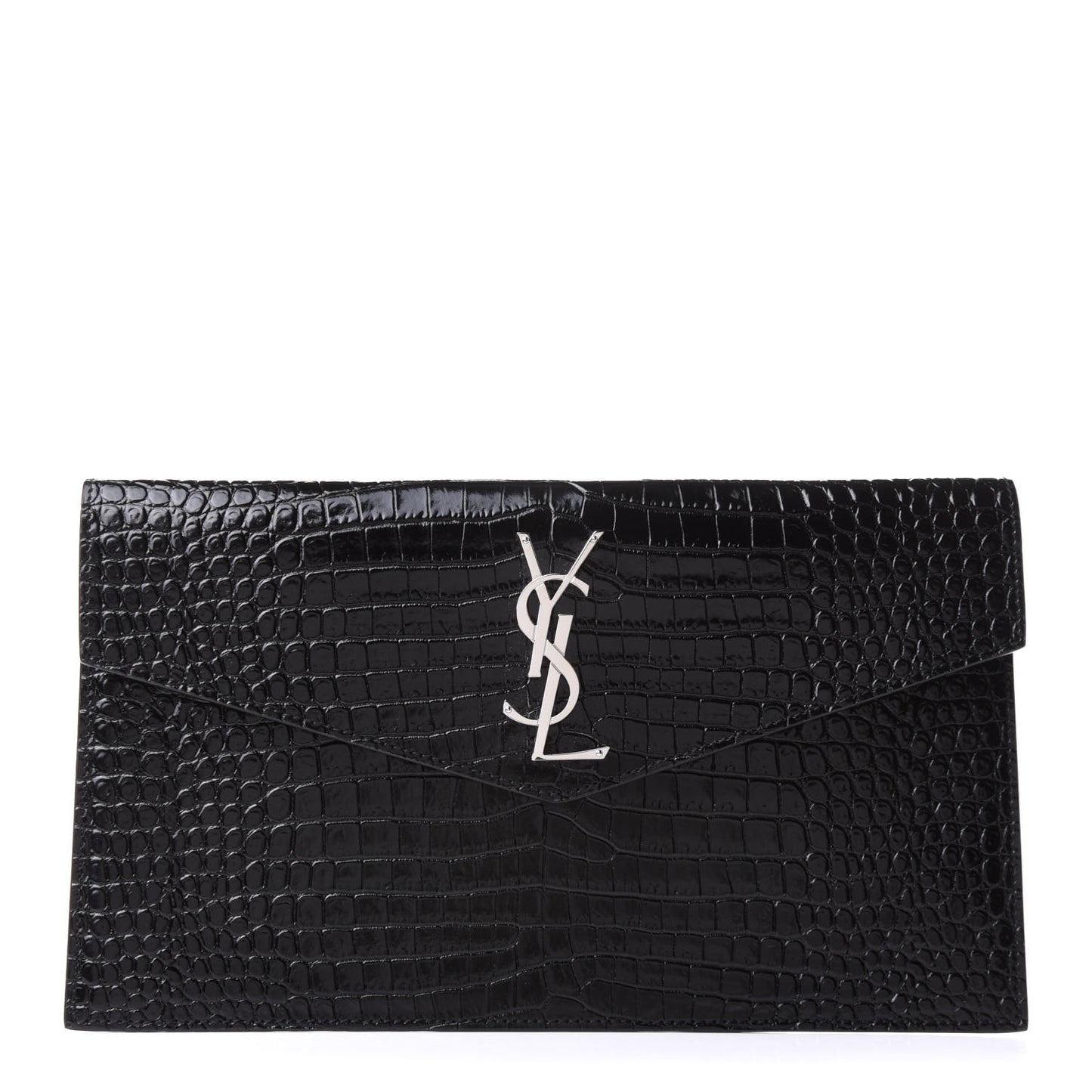 Calfskin Crocodile Embossed Uptown Monogram Clutch Black