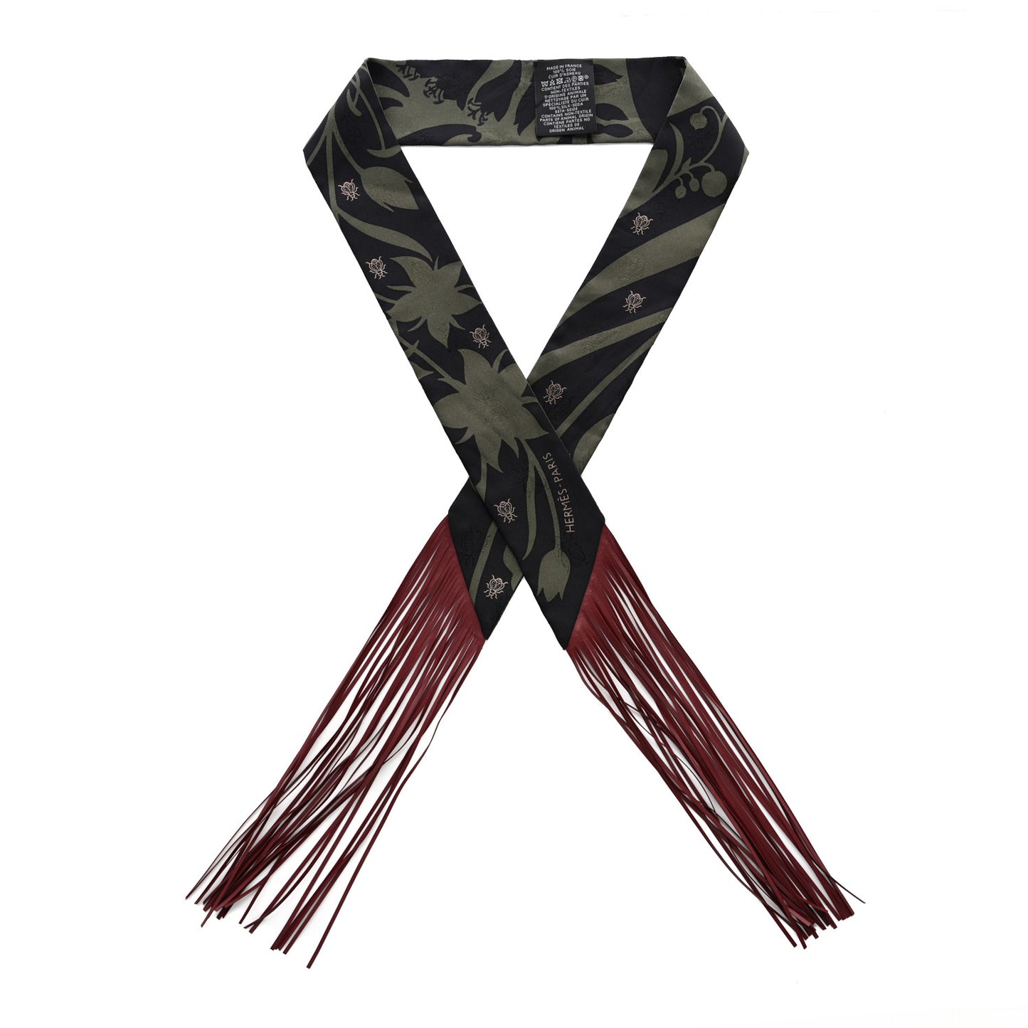Silk Calfskin Bouquet Final Fringed Twilly Vert Loden Black