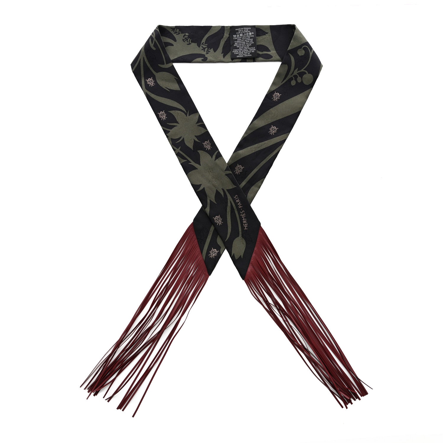 Hermes Silk Calfskin Bouquet Final Fringed Twilly Vert Loden Black 1 of 4