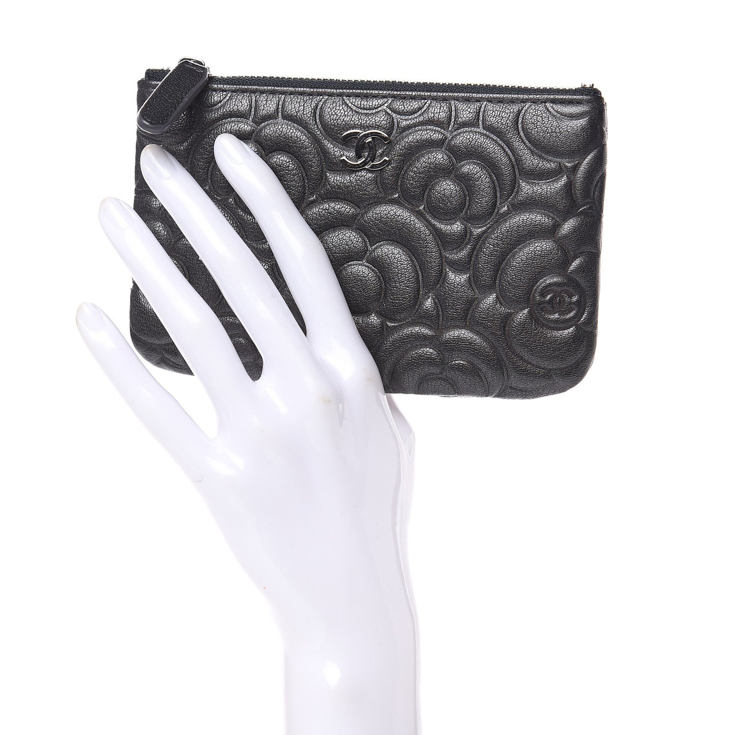 Goatskin Camellia Embossed Cosmetic Pouch Anthracite