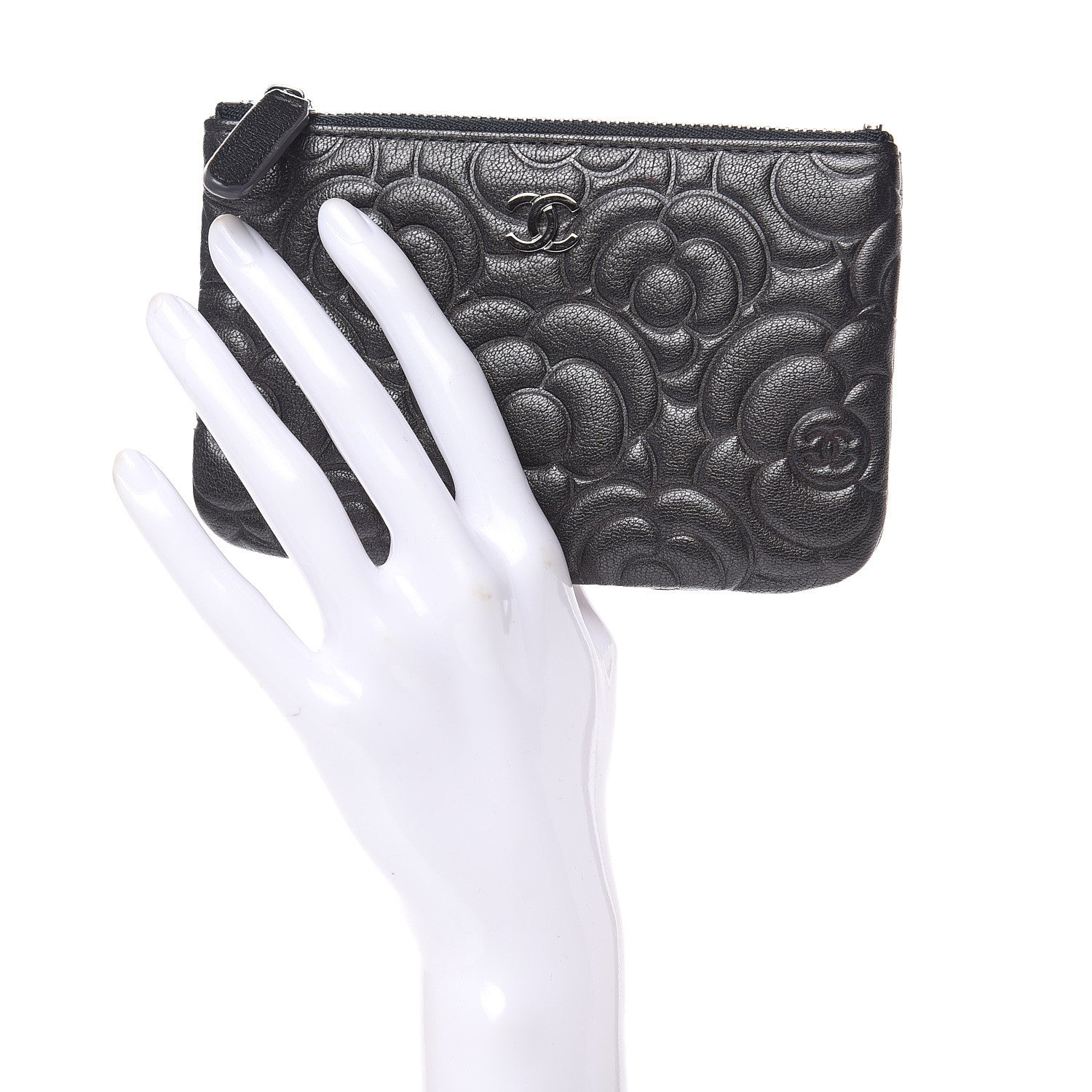 Chanel Goatskin Camellia Embossed Cosmetic Pouch Anthracite 2 of 8