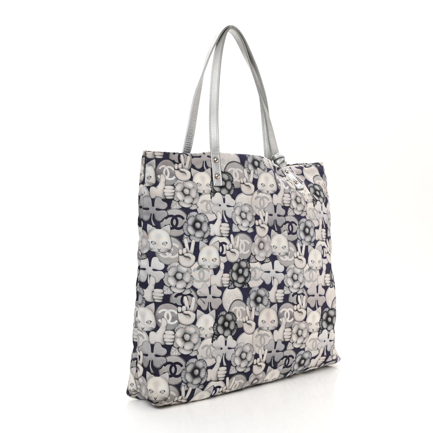 Nylon Cat Emoticon Tote Navy Silver
