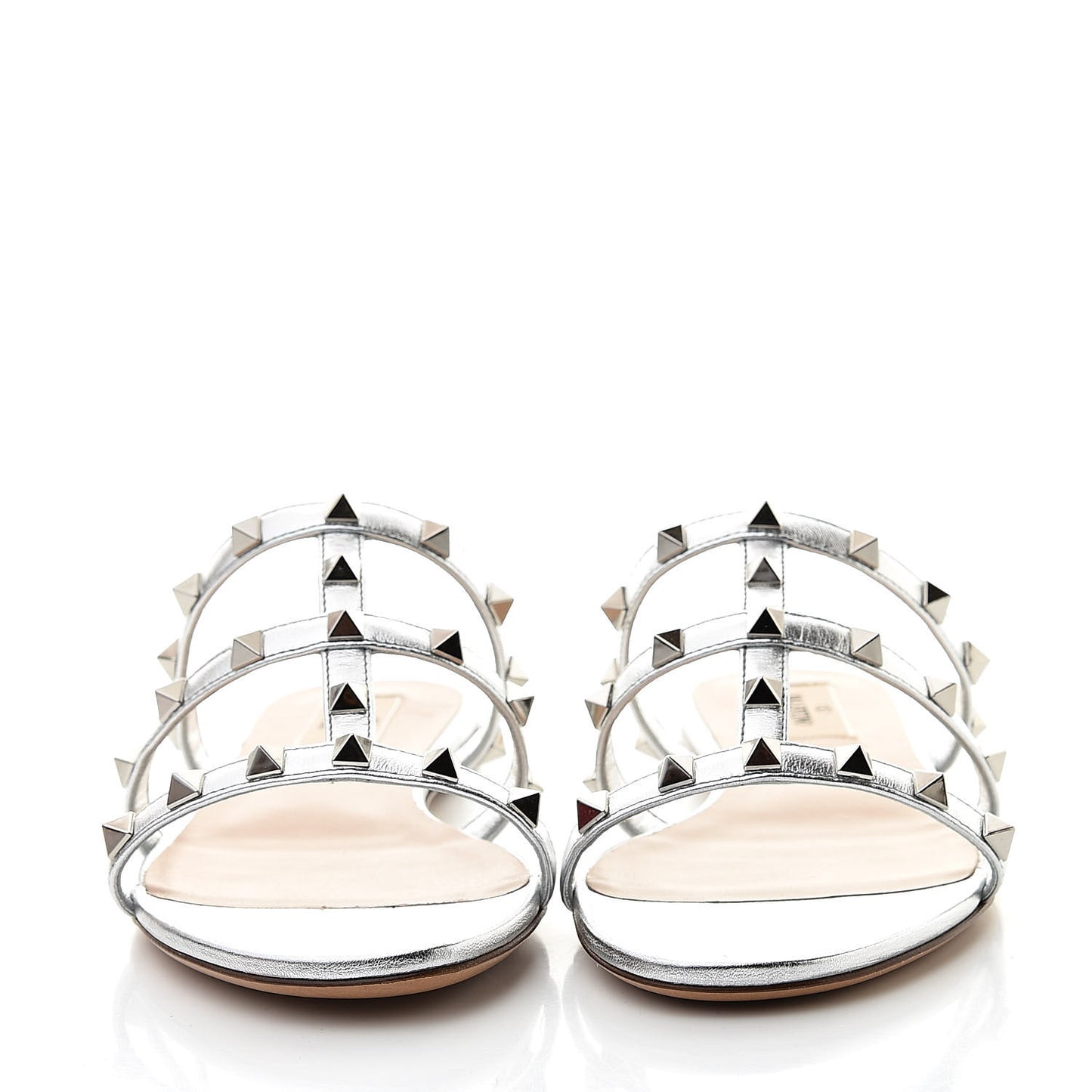 Metallic Nappa Rockstud Caged Flat Slide Sandals 38 Silver