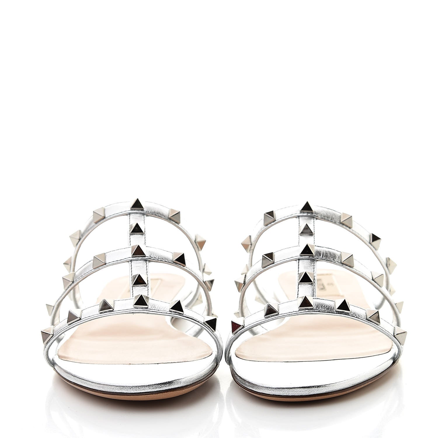 Valentino Garavani Metallic Nappa Rockstud Caged Flat Slide Sandals 38 Silver 2 of 9