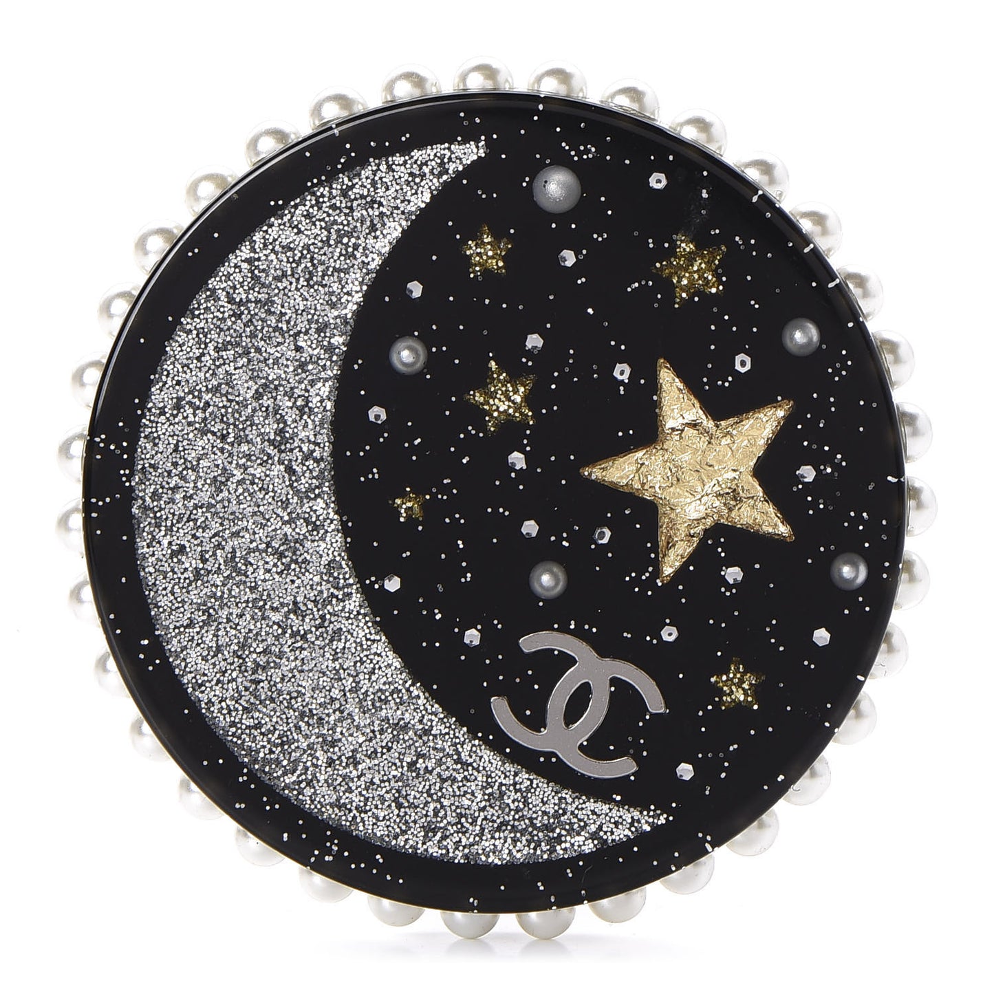 Glittered Resin Crystal Pearl CC Moon Pin Brooch Black Gold Silver