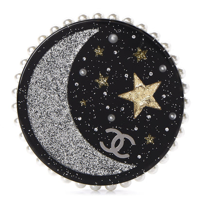 Chanel Glittered Resin Crystal Pearl CC Moon Pin Brooch Black Gold Silver 1 of 5