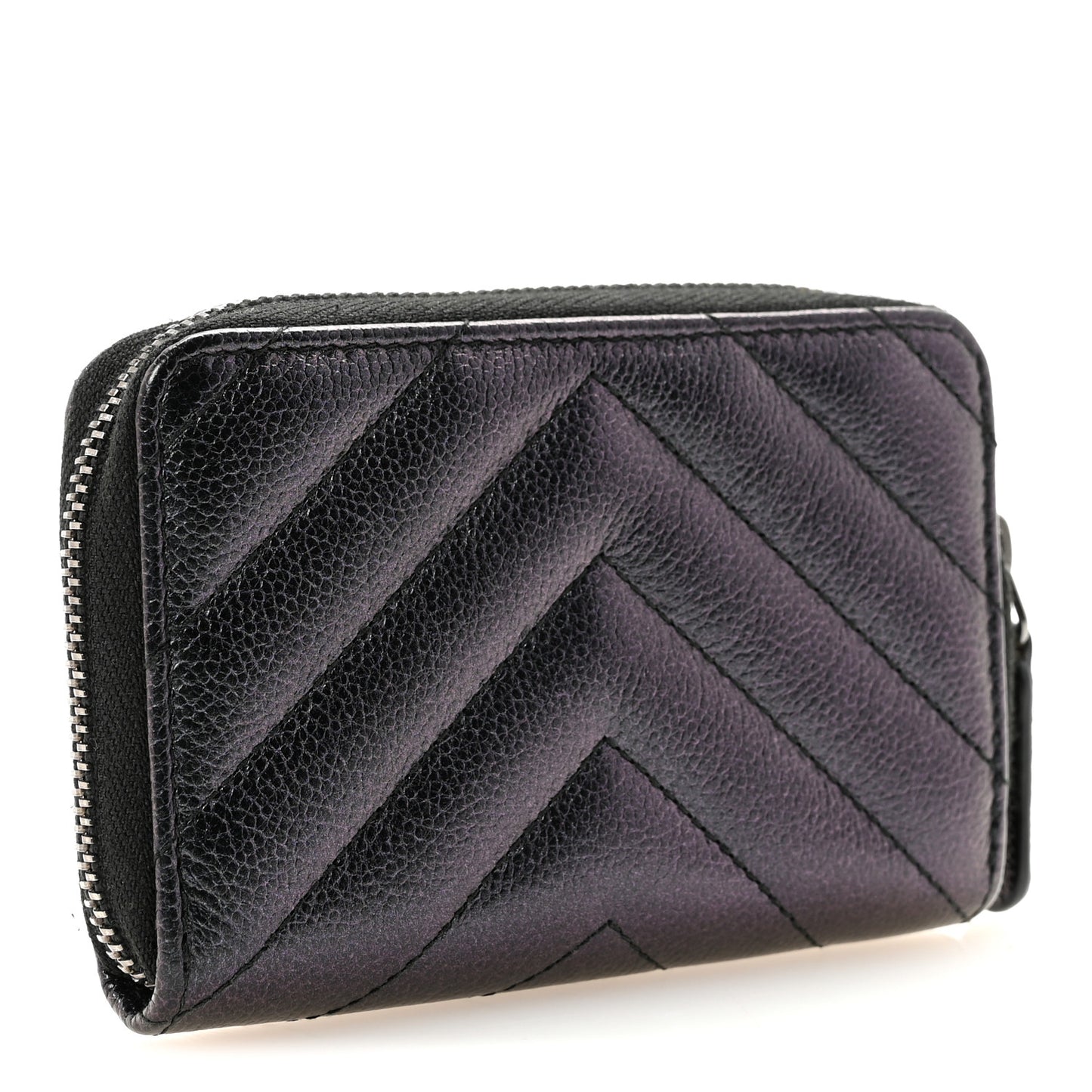 Iridescent Caviar Chevron Quilted Zip Around Coin Purse Black