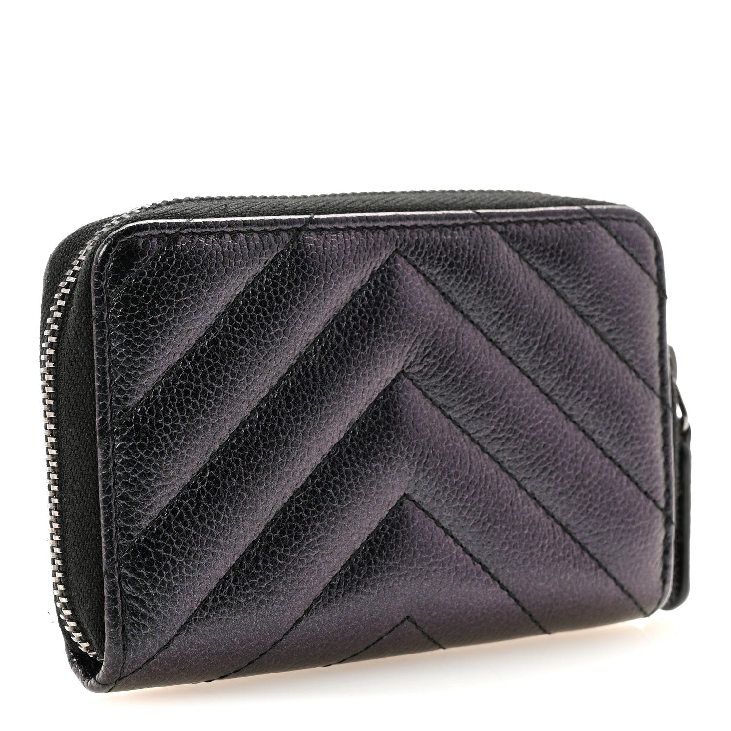 Chanel Iridescent Caviar Chevron Quilted Zip Around Coin Purse Black 3 of 7