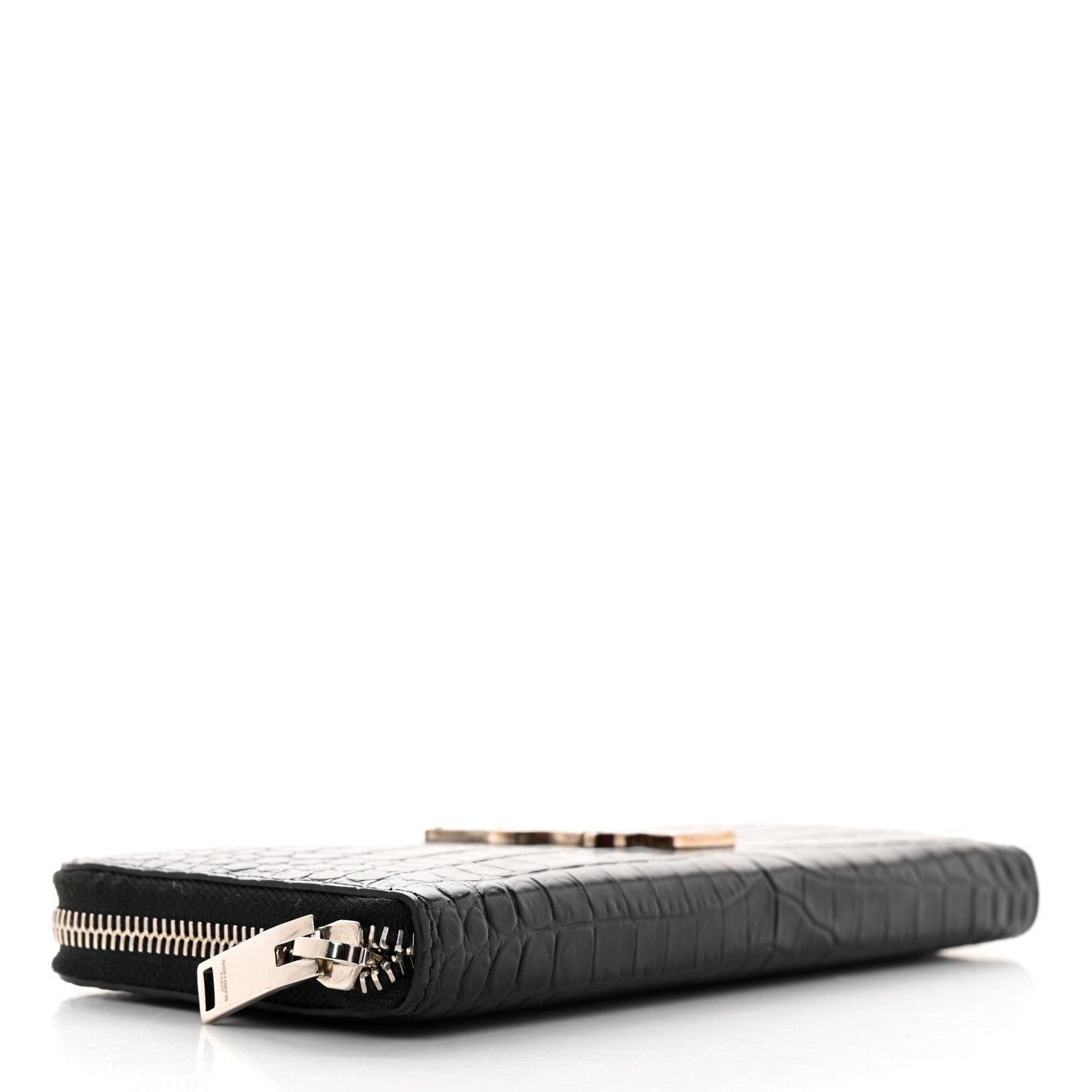 Saint Laurent Calfskin Crocodile Embossed Monogram Zip Around Wallet Black 4 of 7