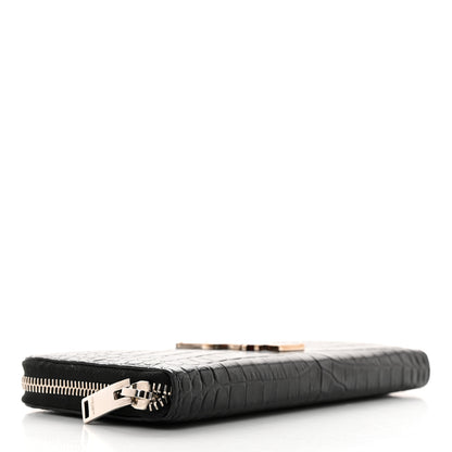 Saint Laurent Calfskin Crocodile Embossed Monogram Zip Around Wallet Black 4 of 7
