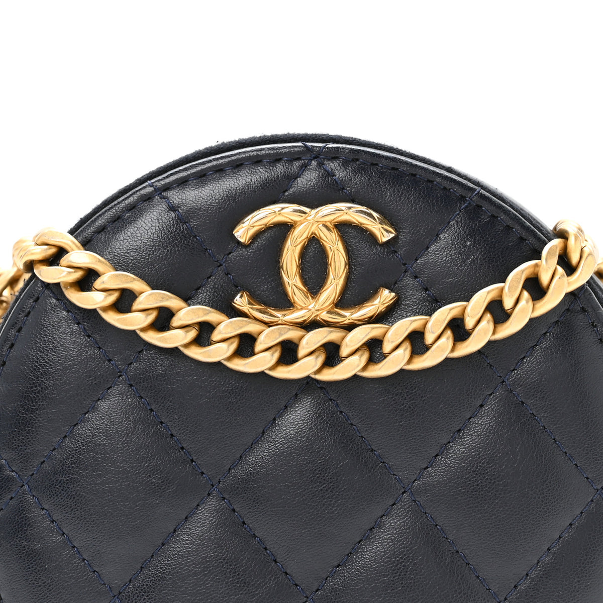 Lambskin Quilted Pillow Crush Round Clutch With Chain Navy Blue