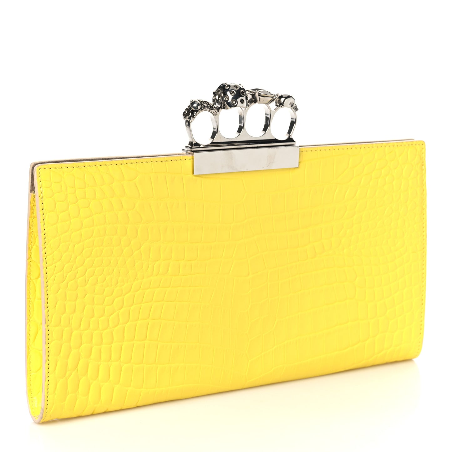 Calfskin Crocodile Embossed Knuckle Flat Clutch Yellow