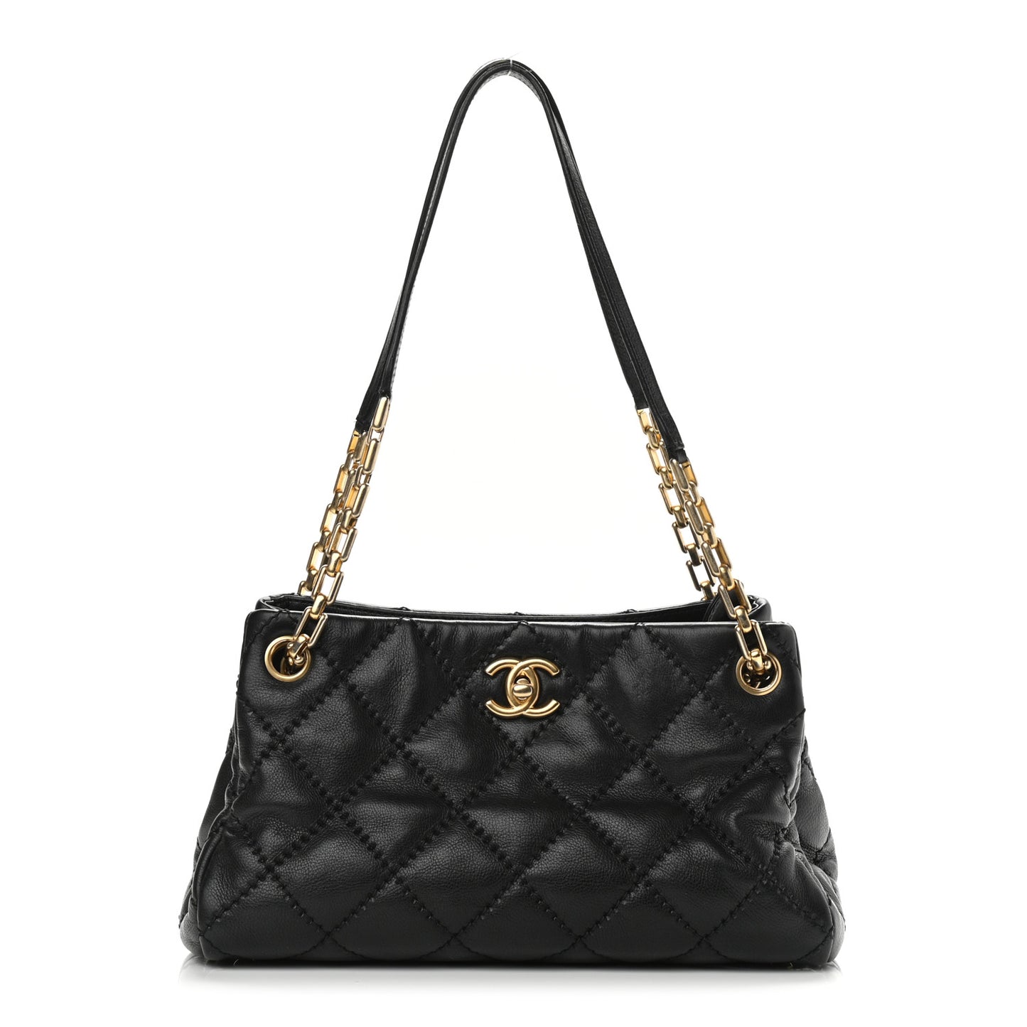 Calfskin Stitched Small Retro Chain Tote Black