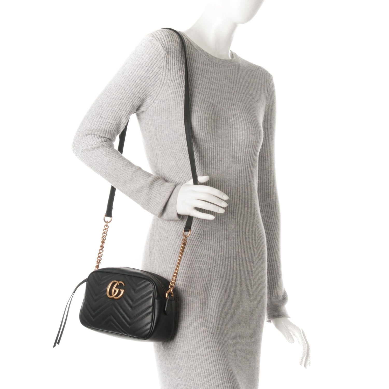 Gucci Calfskin Matelasse Small GG Marmont Chain Shoulder Bag Black 2 of 7