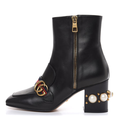 Gucci Betis Glamour Calfskin Web Pearl Embellished Peyton 75mm Ankle Boots 39 Black 1 of 11