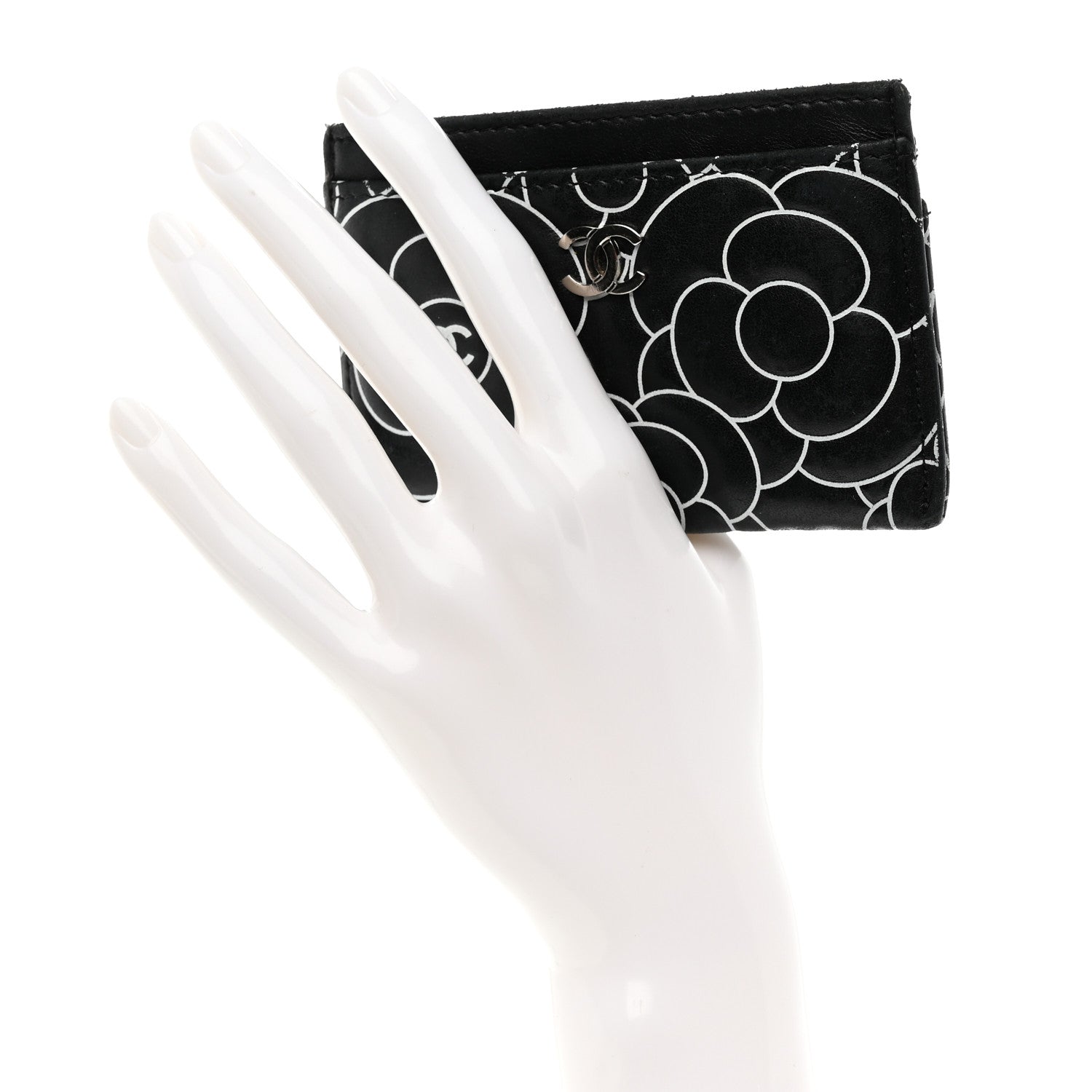 Chanel Lambskin Camellia Embossed Card Holder Black White 2 of 8